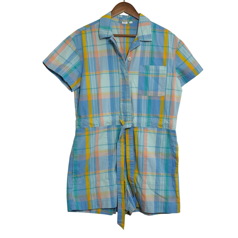 Gap Women's Size 8 Cotton Blue Plaid Short Sleeve Button Front Tie Waist Romper